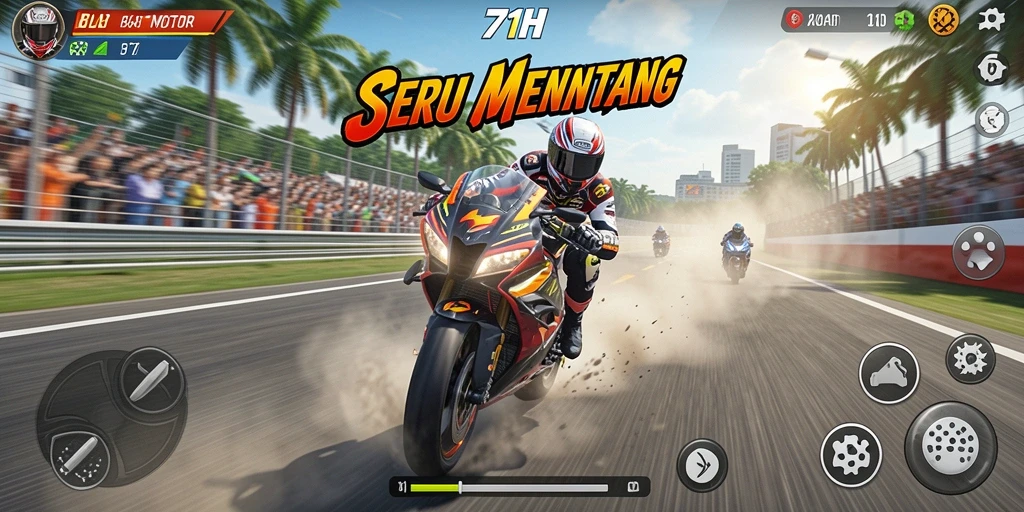 Screenshot gameplay 71H menunjukkan aksi balapan motor yang penuh ketegangan.