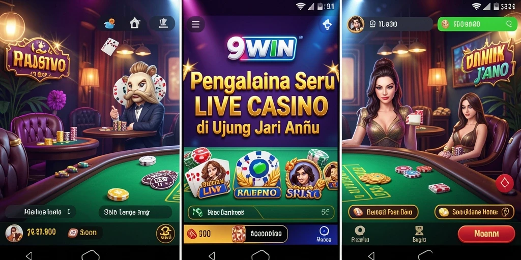 Screenshot gameplay 9WIN menunjukkan dealer langsung dan suasana kasino yang menarik.
