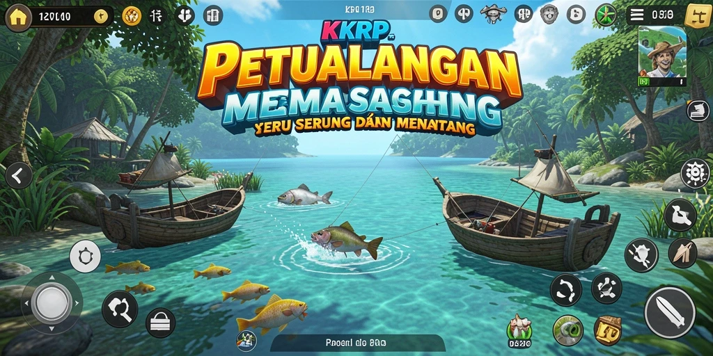 Screenshot KKRP menunjukkan pemain menangkap ikan di lokasi yang indah.