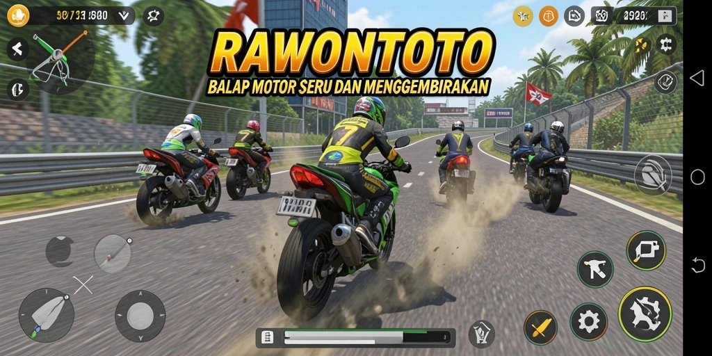 Tampilan menarik game RAWONTOTO saat balapan motor di lintasan.