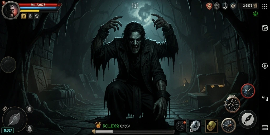 Screenshot gameplay <strong>ROLEX878</strong> dengan suasana horor yang menegangkan.