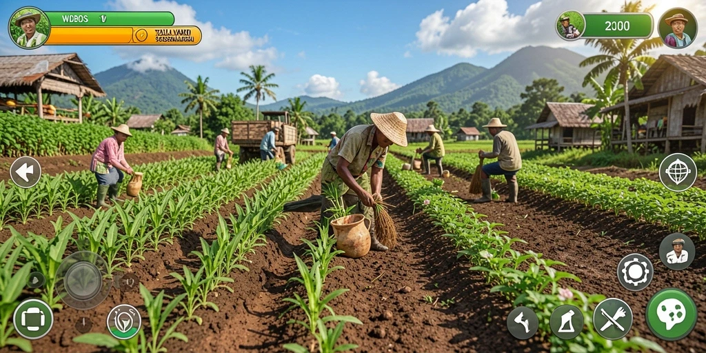 Screenshot gameplay WDBOS menampilkan ladang pertanian yang subur dan produktif.